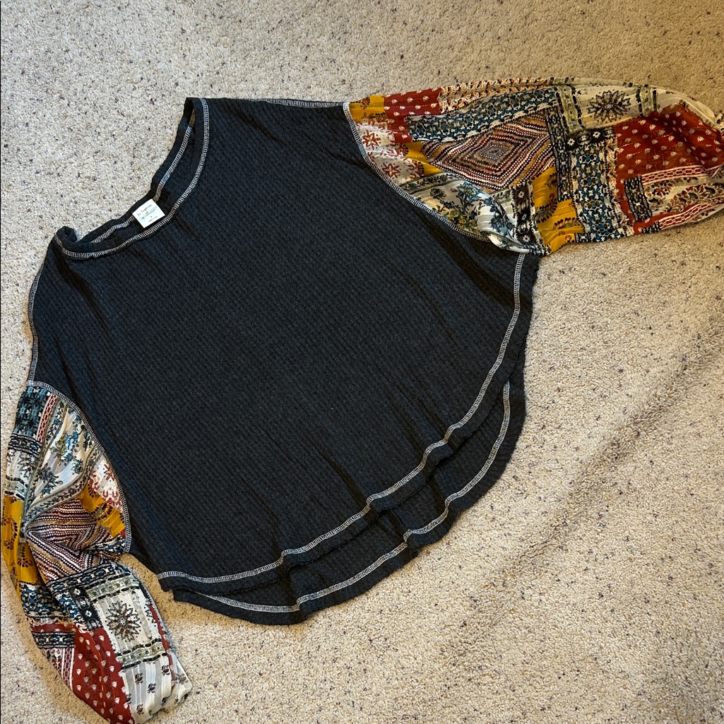 By Together Top With Colorful Patchwork Sleeves